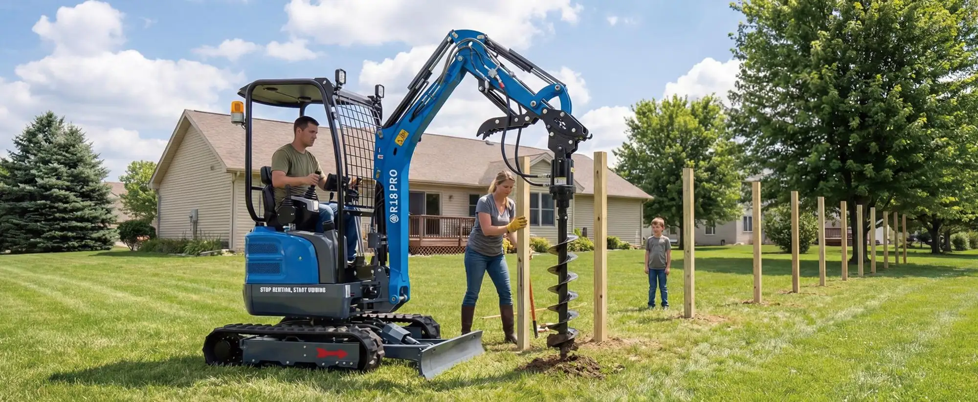 RIPPA R18 PRO mini excavator with an auger drilling fence post holes