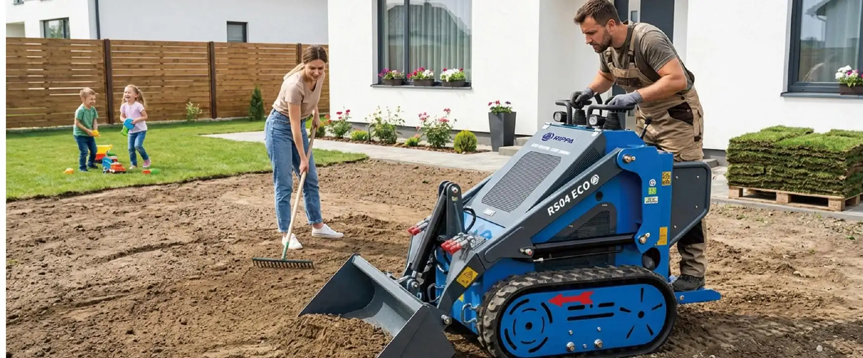 RIPPA RS04 ECO stand-on track loader levelling soil beside a house