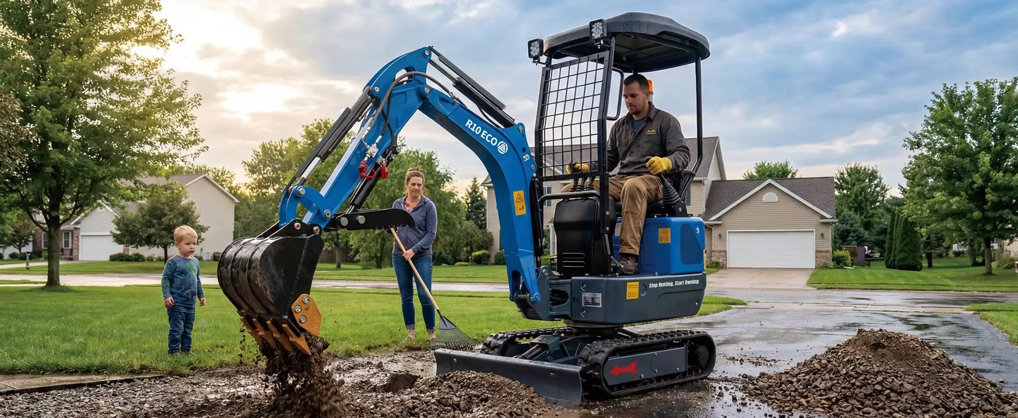 RIPPA R10 ECO mini excavator with a canopy digging a trench in a front yard