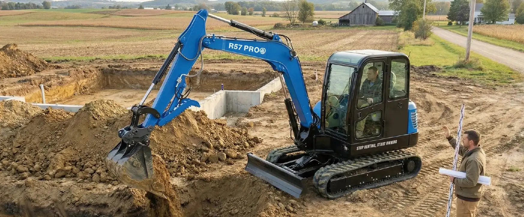 RIPPA R57 PRO excavator with an enclosed cab digging a foundation